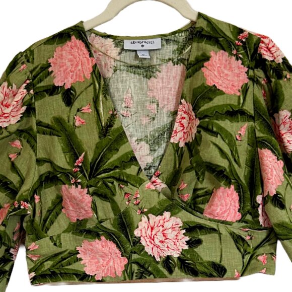 Agua Bendita Peony Print Linen-Blend Tie Wrap Crop Top Green Pink M Floral Wrap - Picture 5 of 10
